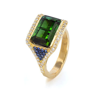 Green Tourmaline Cocktail Ring with Diamonds & Sapphires