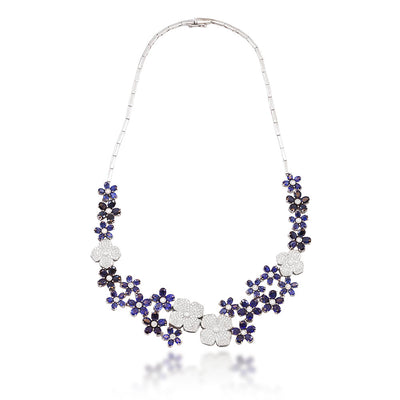 Midnight Sapphire & Diamond Blossom Necklace on a white background