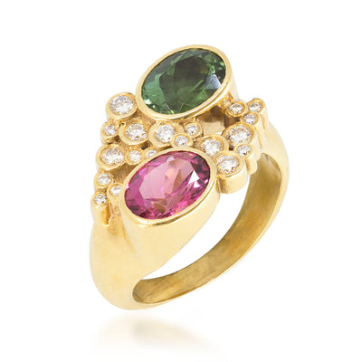 Red & Green Tourmaline Duet Ring with Terraced Cluster Diamonds - ¾ view
