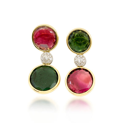 Transposed Green & Red Tourmaline Earring with Diamonds
