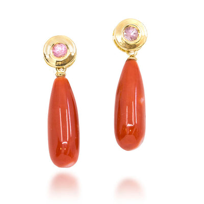 18K Gold Coral Drop Earring with Pink Sapphires