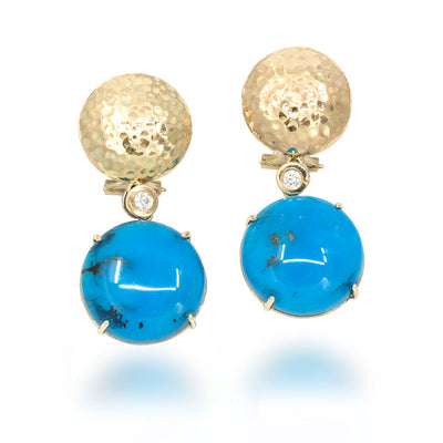 14K Hammered Gold Dome Earring with a Diamond & Turquoise Pendant