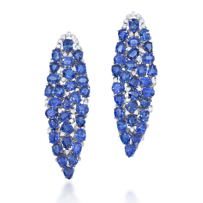 Elongated Marquise Shaped Sapphire & Diamond Cluster Earring in 18K White gold on a white background