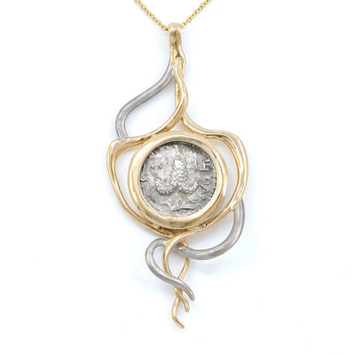Flowing Gold Pendant set with a Silver "Bar Kokhba" Revolt Coin - Side A