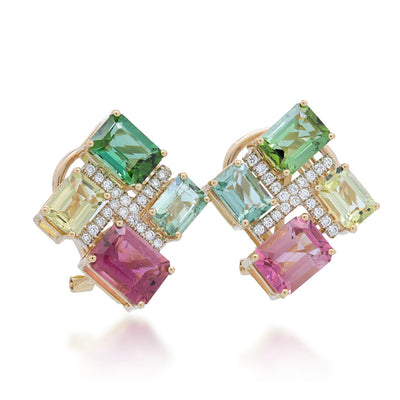 Multi Colored Emerald Cut Tourmaline Earring with Diamonds