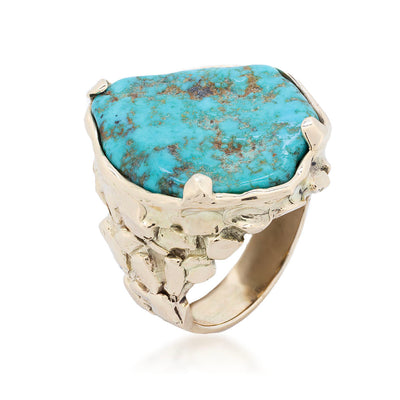 14K Textured Gold Desert Oasis Ring with a Tumbled Turquoise
