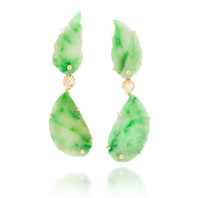 14K Gold Curved Jade Leaves Earring with Diamonds