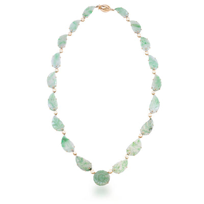 14K Gold Curved Jade Leaves & Diamonds Necklace with a Flower Jade Disk Pendant