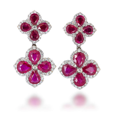 Double Terraced Four Petal Ruby Flower Earring