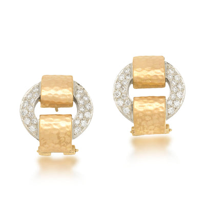 18K Hammered Gold Twin Diamond Arch Earring