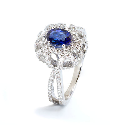 Oval Sapphire Dome Shaped Cocktail Ring with Diamonds