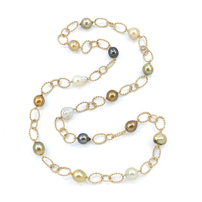 Coiled Oval Loop Link Necklace with Multi-colored Baroque Pearls